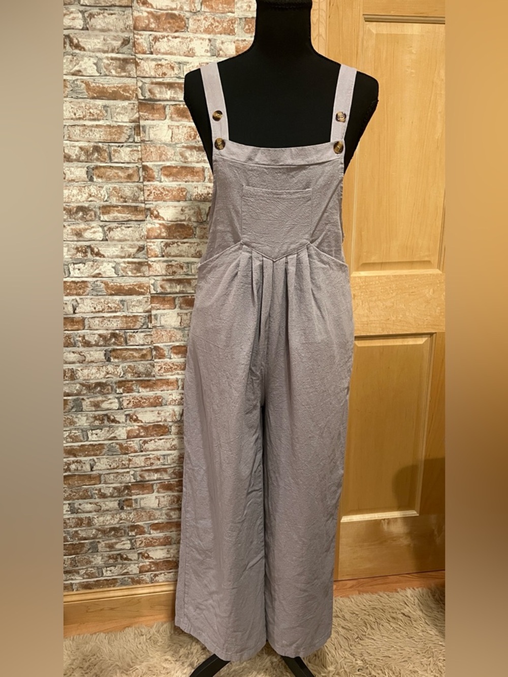 Casual Women’s Cotton/Linen Overalls Pleated Wide Leg Adjustable Straps Gray Med